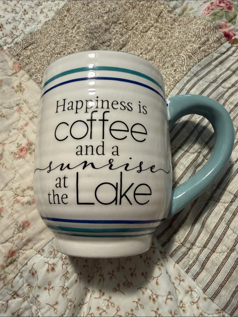 White Ceramic Lake-Themed Coffee Mug with Light Blue Handle